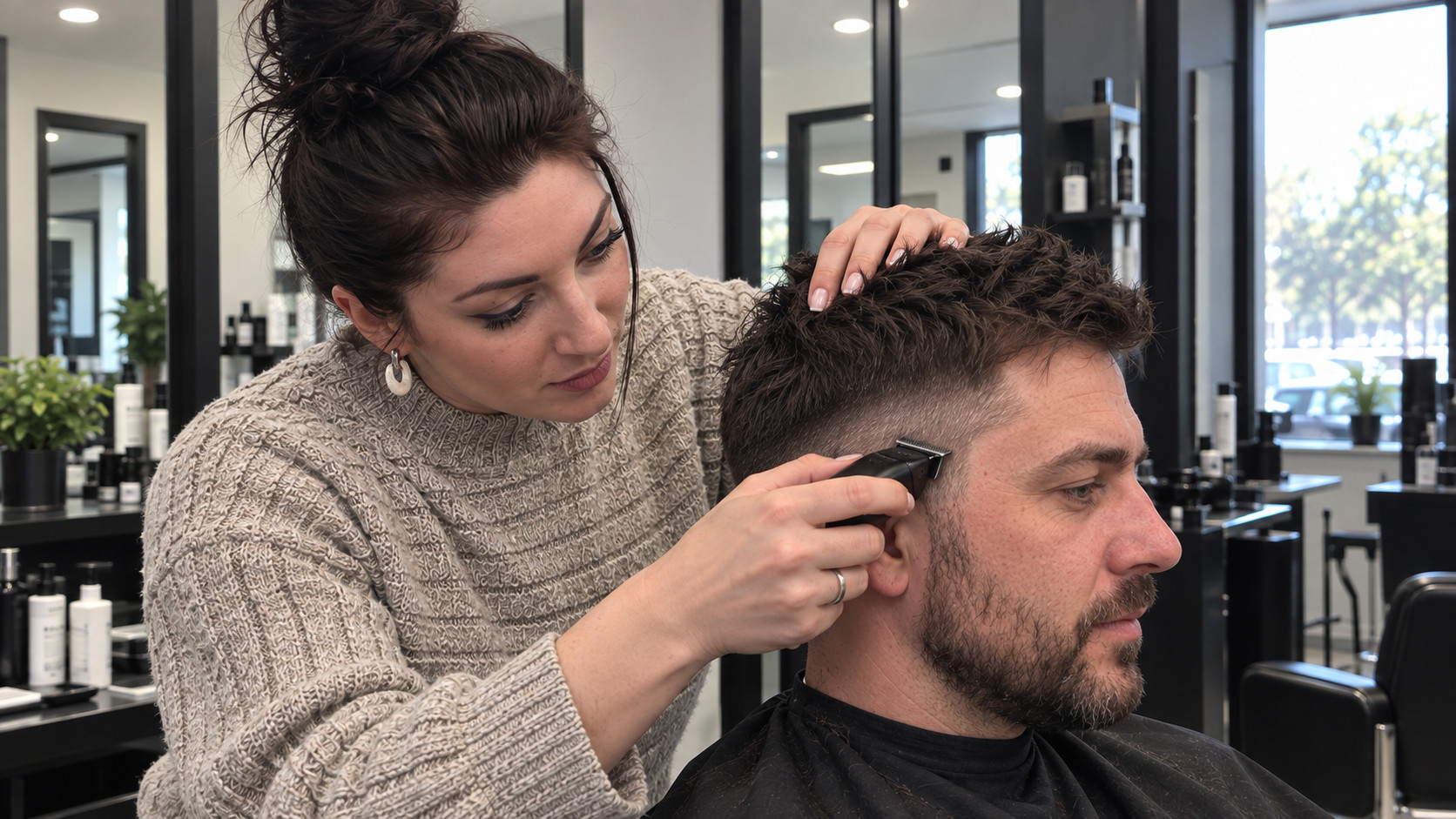 Alia pokazuje klientowi gotową fryzurę, przejścia i kark w lustrze