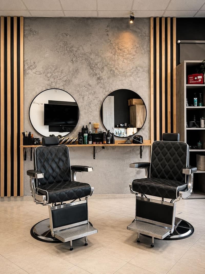 Dwa czarne fotele barberskie przed lustrami w salonie ALIA Barber Tychy