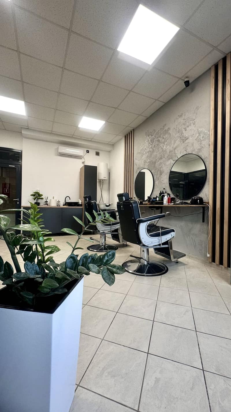 Wnętrze sali barberskiej ALIA Barber Tychy z fotelem, lustrami i roślinami